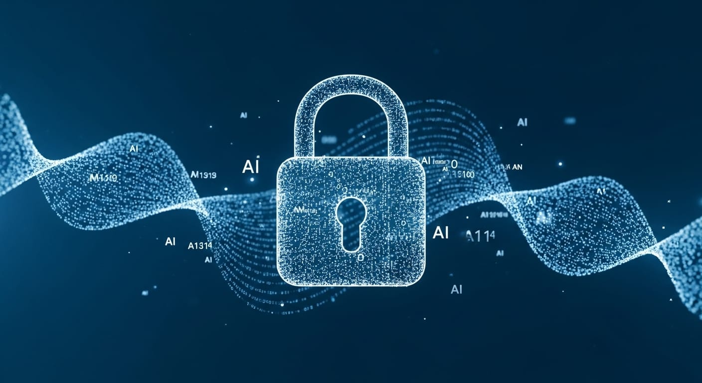 A detailed, specific prompt showing a digital lock with AI-generated code flowing around it, symbolizing AI-powered ransomware. - PromptLock: The Dawn of AI-Powered Ransomware