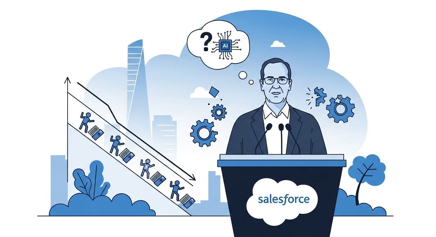 A digital interface showing AI agents assisting customers, with human oversight, symbolizing Salesforce's AI-driven job cuts and efficiency gains.