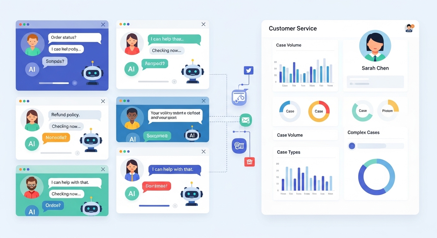 A digital representation of a customer service interface with AI chatbots assisting multiple customers simultaneously, while a human agent oversees a dashboard of complex cases. - Salesforce AI Job Cuts: Marc Benioff's Shifting Stance on Workforce Impact