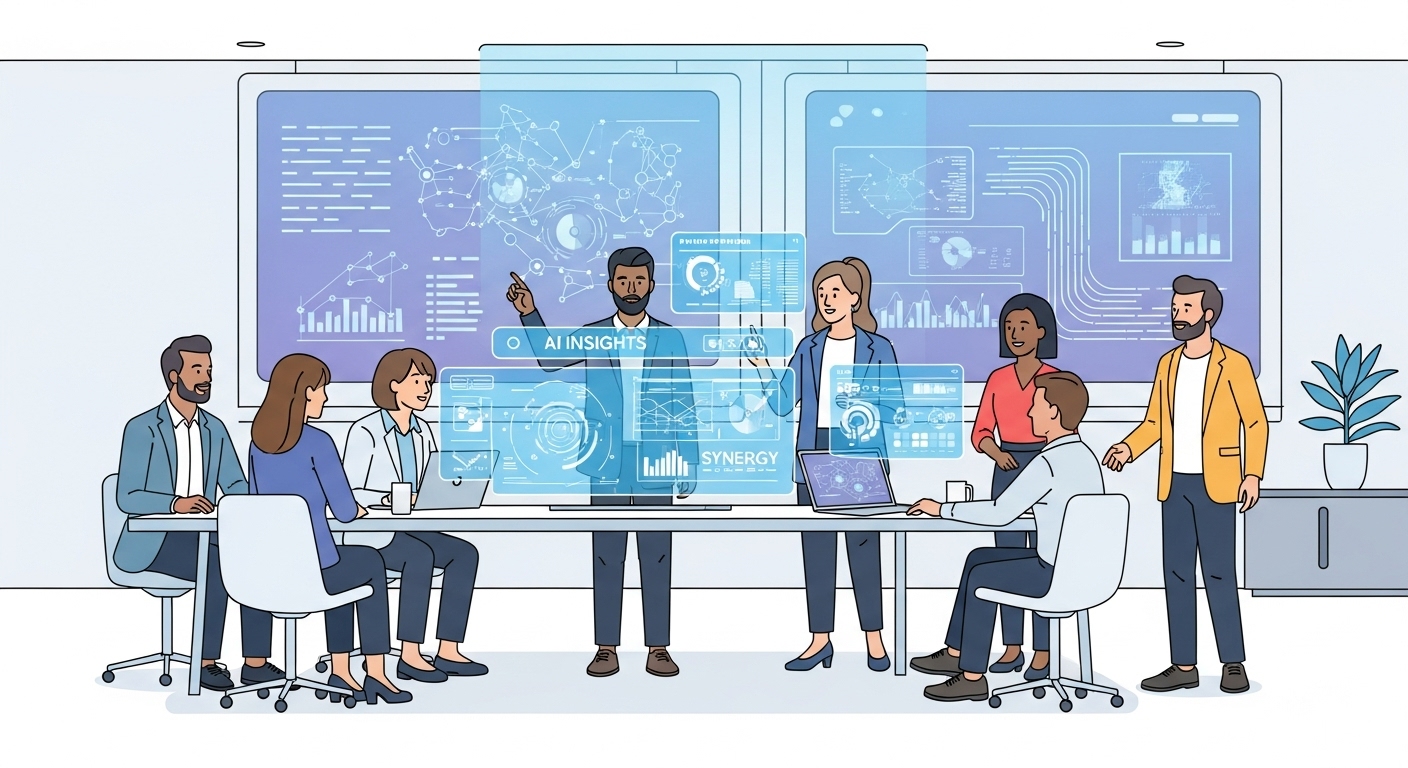 A diverse group of professionals engaged in a collaborative brainstorming session, with holographic AI interfaces displaying data and insights in the background, symbolizing human-AI synergy. - Salesforce AI Job Cuts: Marc Benioff's Shifting Stance on Workforce Impact