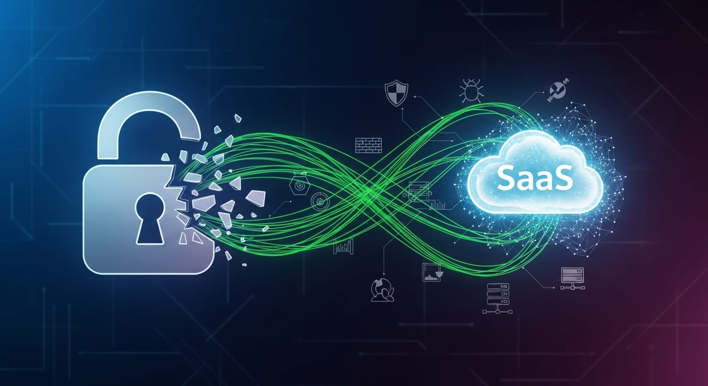 Digital lock being breached with fragmented data, illustrating the Salesloft incident and compromised third-party SaaS connections.
