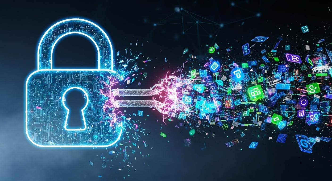 A digital lock being breached, with fragmented data flowing out, emphasizing a compromised third-party connection. - Salesloft Incident: Key Lessons for SaaS Security
