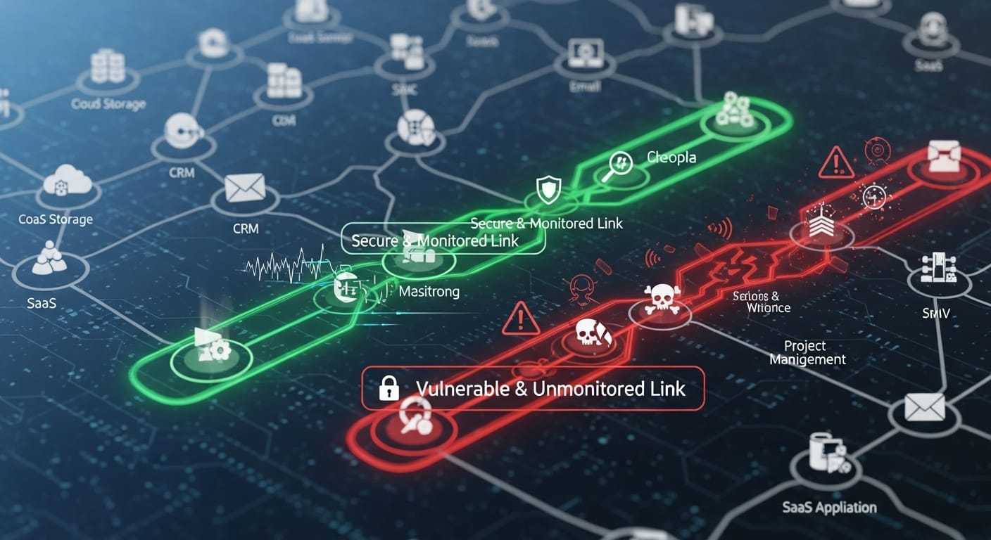 A complex network diagram with various SaaS applications connected, highlighting a secure, monitored link and a vulnerable, unmonitored link. - Salesloft Incident: Key Lessons for SaaS Security