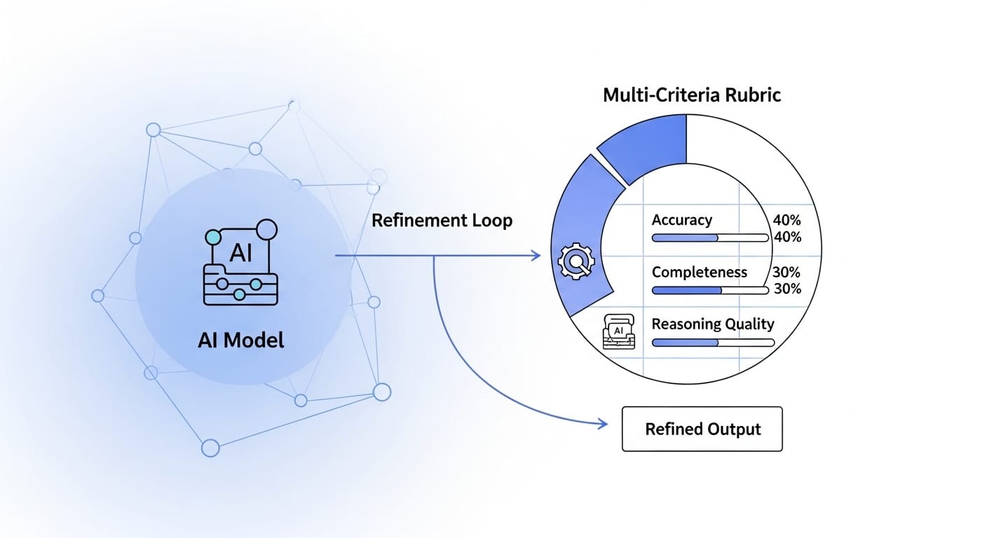 A diagram illustrating the RaR method, showing an AI model's output being evaluated against a multi-criteria rubric with different weighted scores for aspects like accuracy, completeness, and reasoning quality, leading to a refined output. - Scale AI's RaR Method: Revolutionizing AI Reasoning