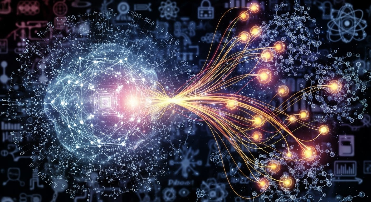 A visual representation of AI assisting in scientific research, perhaps showing an AI model analyzing complex molecular structures or astronomical data, with various reasoning pathways highlighted. - Scale AI's RaR Method: Revolutionizing AI Reasoning