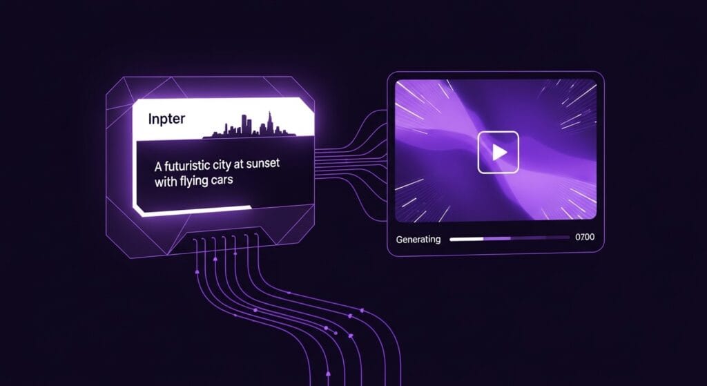 A detailed, specific prompt showing the AI tool in action, generating a video from a text prompt like "A futuristic city at sunset with flying cars." - VGen: Open-Source AI Video Generation for Innovators